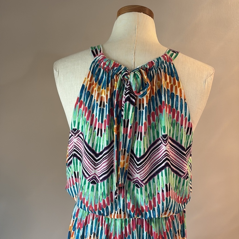 Multicolor Chevron Maxi halter summer Dress  blouson very stretchy L - Picture 5 of 8